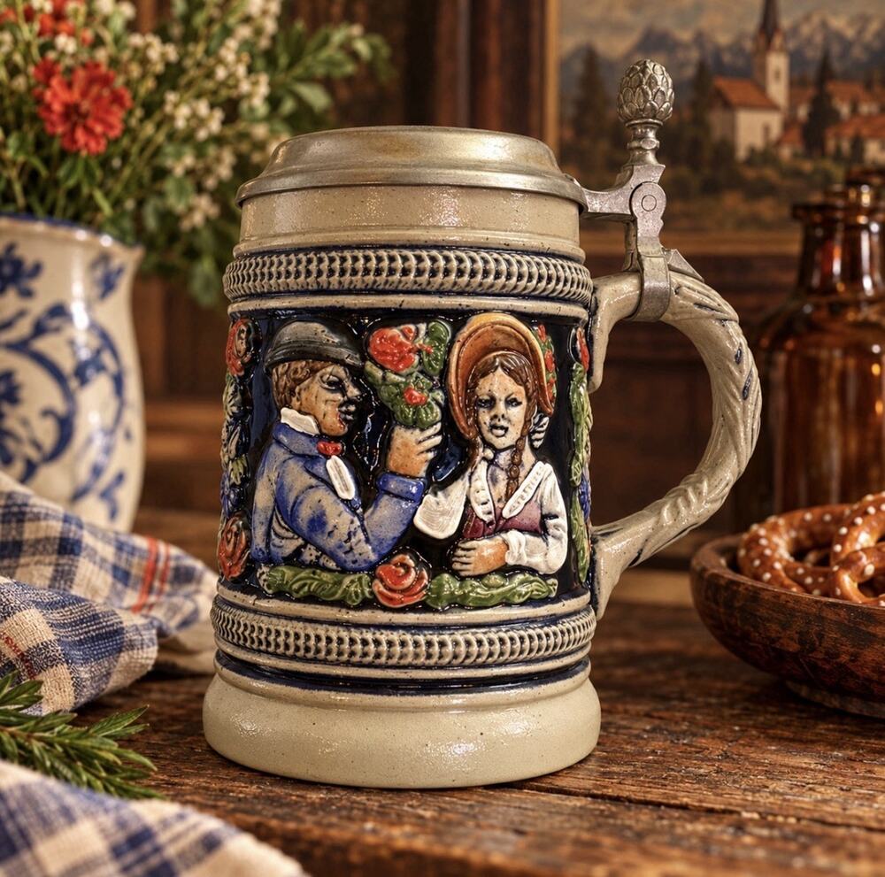 Vtg W Germany Zoller & Born 7" Stoneware Beer Stein Raised Relief Tavern Pewter